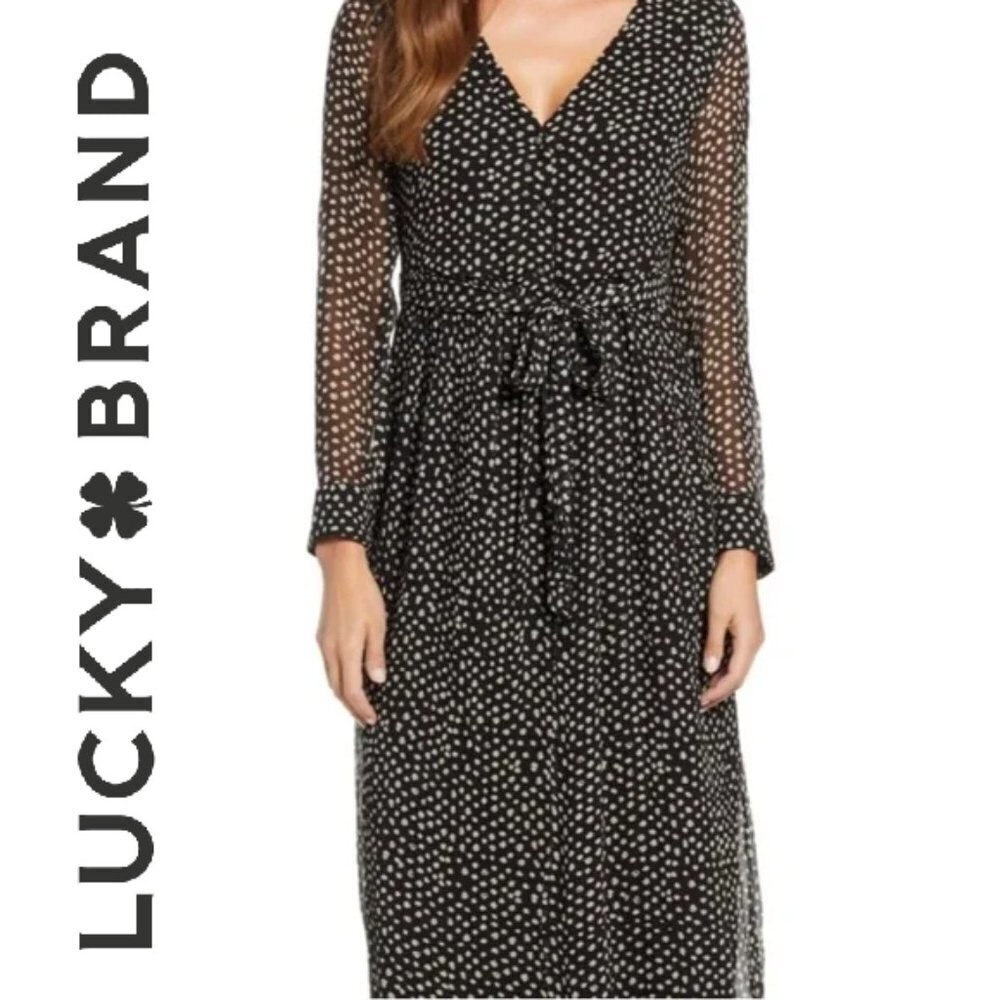 Lucky Brand Chiffon V Neck Maxi Dress in Black Confetti Dot, Opaque and Sheer